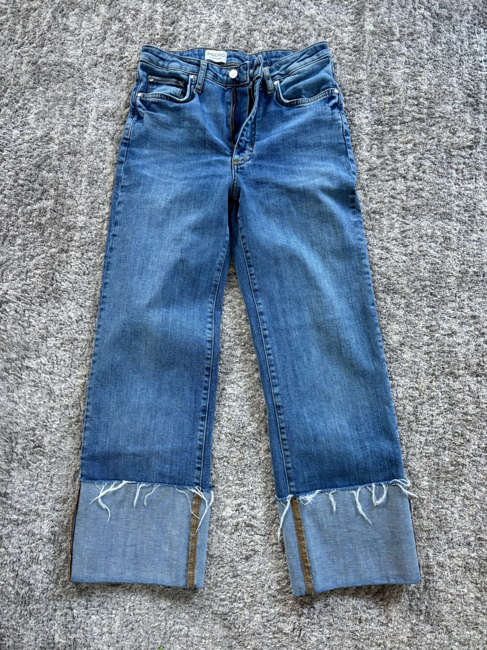 Pilcro Straight-Leg Denim Jeans in Medium Blue with Frayed Cuffs